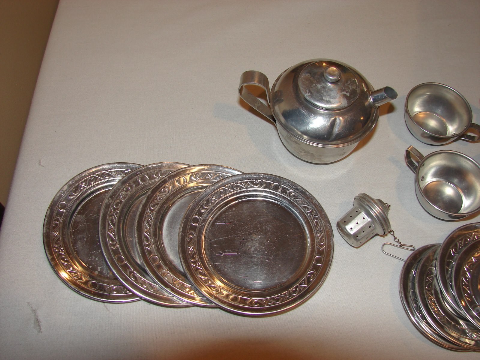 Vintage Child Aluminum Tin Dish Set, TeaPot silverware dishes cups baking tin
