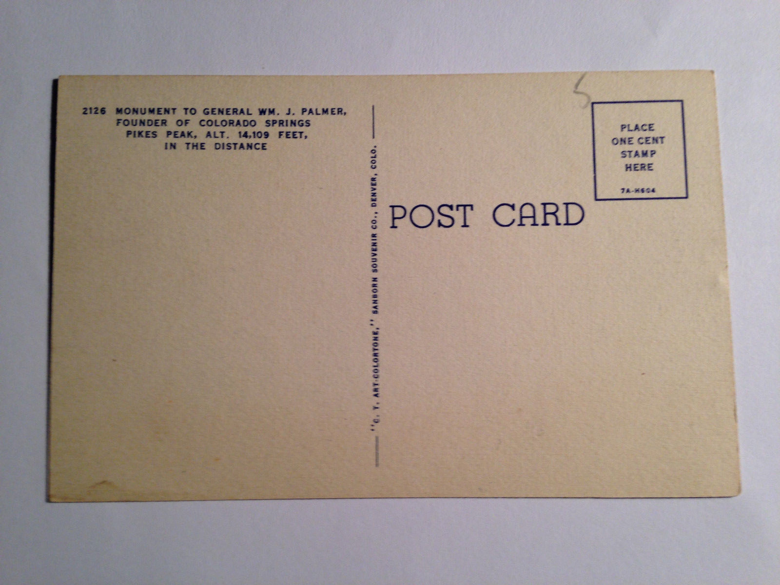 COLLECTABLE-VINTAGE POST CARD-MONUMENT TO GENERAL WM. J. PALMER FOUNDER OF PIKES