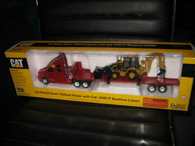 1/50 CAT CATERPILLAR RENTAL STORE FLATBED HAULER 420D IT BACKHOE LOADER 55117