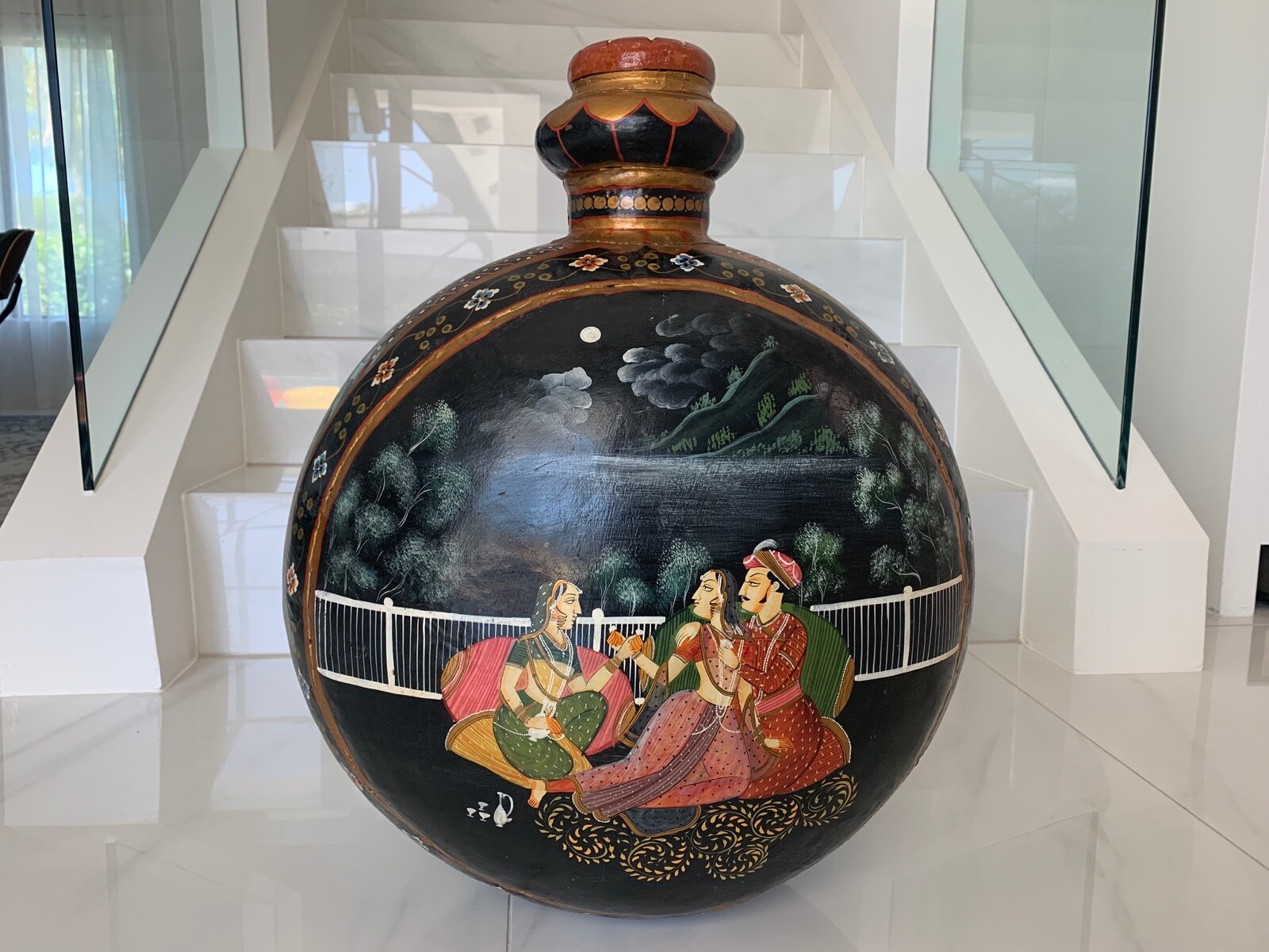 Antique India Hand Painted RAJASTHAN Metal Tin Water Bottle Vase H24-1/2