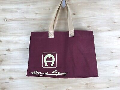 Etienne Aigner Canvas Tote Bag Attached Pouch Burgundy Red Tan Handles Logo