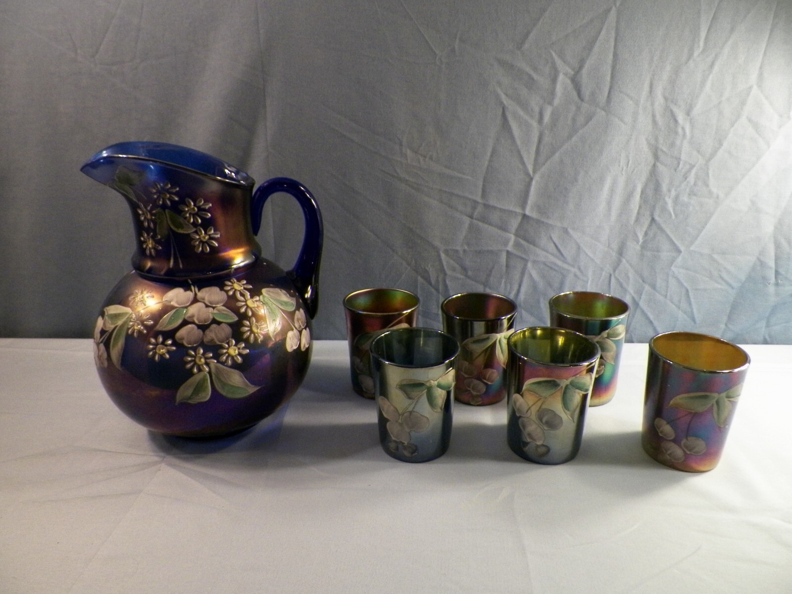 カーニバルガラス　CARNIVALGLASS フェントン FENTON USA Fenton Blue Carnival Glass Birds & Cherries 2 Handled Bonbon