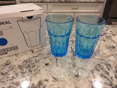 2 IKEA Blue Pokal 5 1/4'' 12 oz Glass Tumblers #21412 Tempered Glass NEW