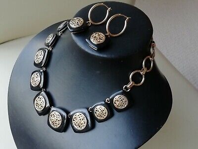 Vintage jewellery signed Monet black and goldtone necklace and earrings set 