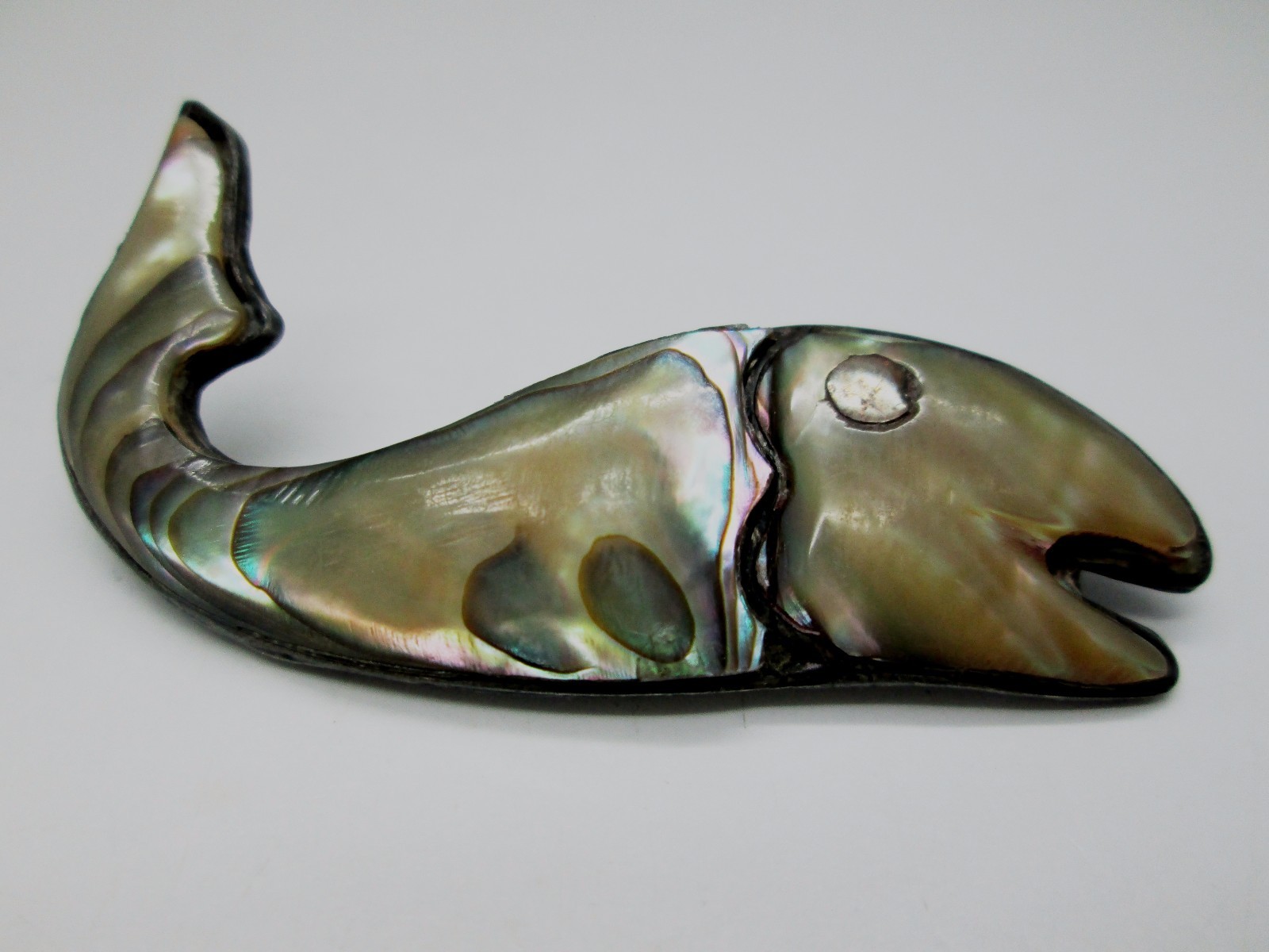 Vintage Mexico 925 Sterling Silver Whale Pin Brooch with Abalone Stone