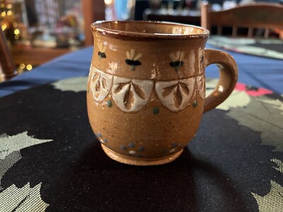 1973 Left Handed Russell Henry Pottery Slip Ware Redware Mug Hay Creek Birdsboro