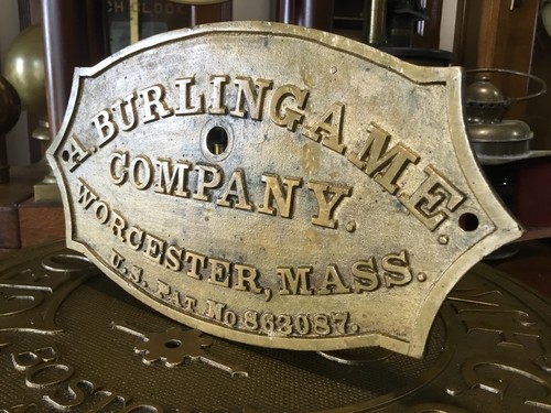 A. BURLINGAME. CO. WORCESTER MASS. BRONZE PLAQUE, Guaranteed Original
