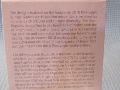 Vancouver 2010 Paralympic Winter Game Participation Medal.