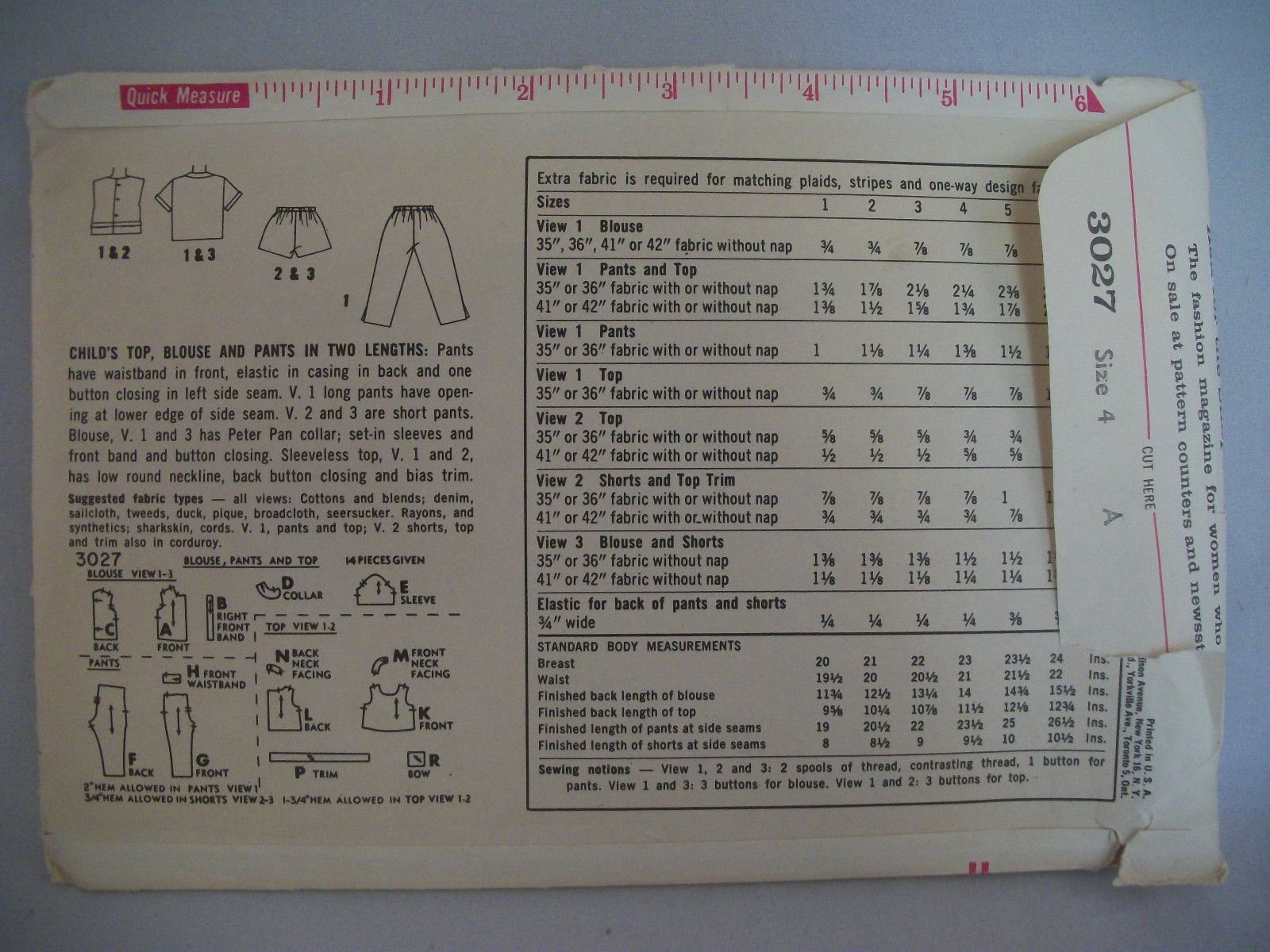 Vintage Simplicity Pattern~3027~Child's Top, Blouse, and Pants in 2 Lenghts 1960