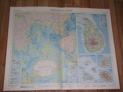 1959 VINTAGE MAP OF CEYLON SRI LANKA INDIAN OCEAN REUNION MAURITIUS ANTARCTICA