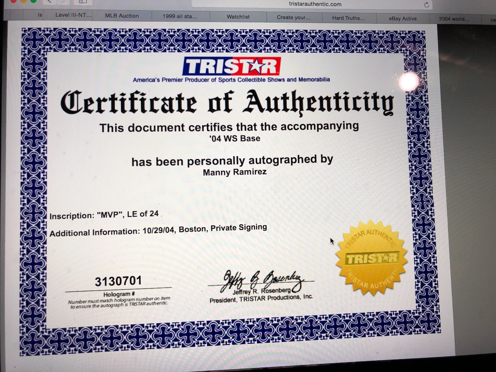 2004 Official World Series Base Signed by MVP Manny Ramirez Red Sox MLB Auth.