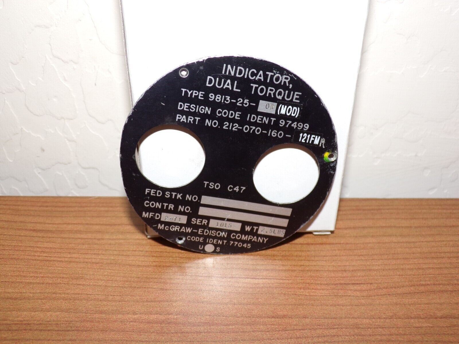 Bell Helicopter Dual Torque Indicator Face Plate 212-070-160 Bell Helicopter Dual Torque Indicator Face Plate 212-070-160