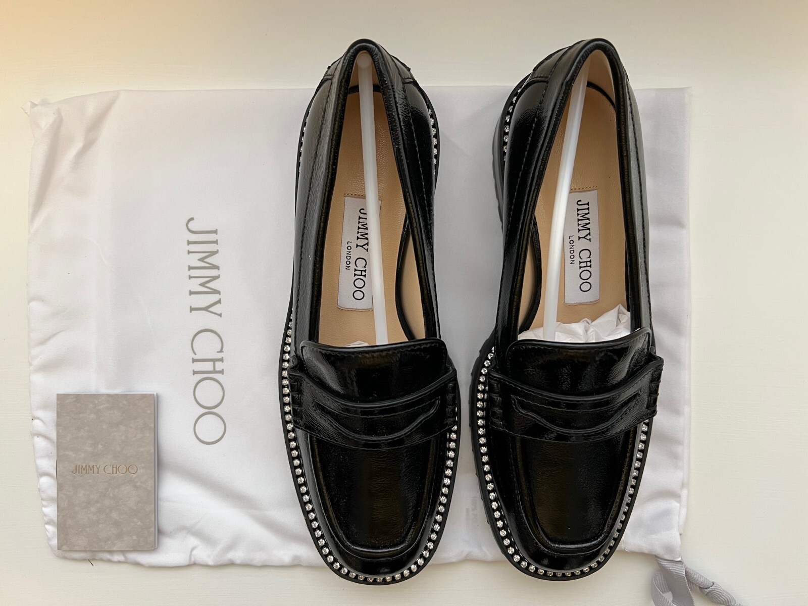 Pre-owned Jimmy Choo Deanna Crystal-embellished Patent Leather Loafers, Size 37 In Black