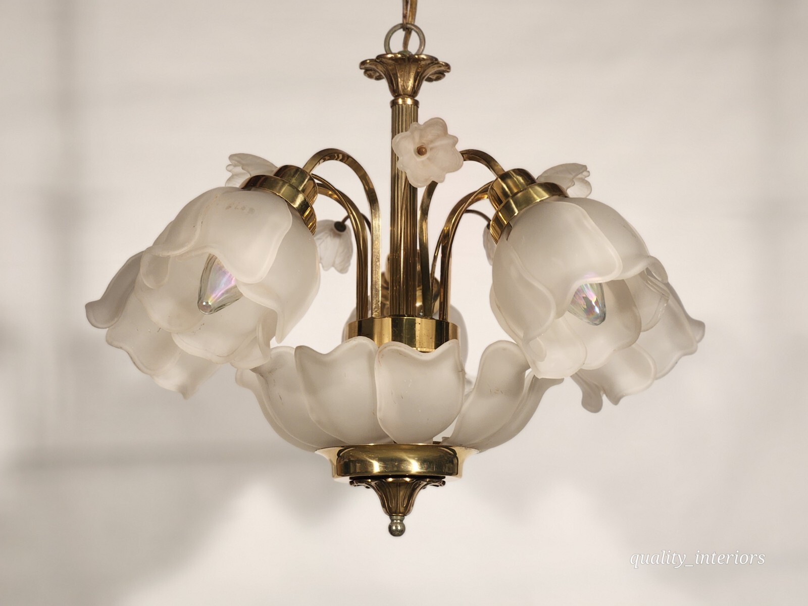 Vintage Attributed LALIQUE Brass Flower Petals Chandelier