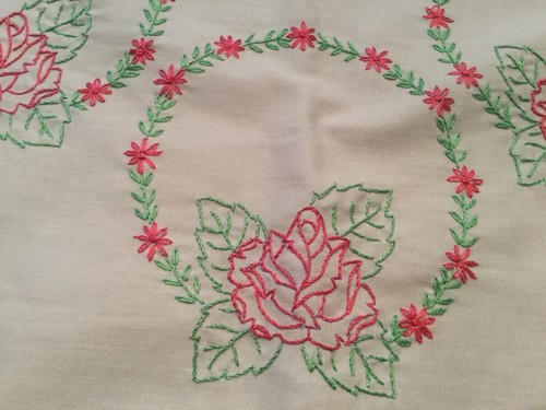 Vintage White Dresser Scarf Table Runner Embroidered Pink Green Roses  Circles
