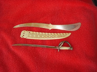 THREE VINTAGE LETTER OPENERS-BRASS, CARVED CELLULOID, HISTORIAL CLUB LIFE MEMBER