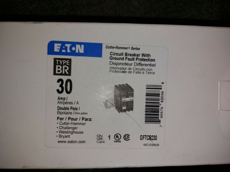 1 NEW EATON TYPE BR GROUND FAULT  GFTCB230 2 POLE 30 AMP GFCI PLUG IN 