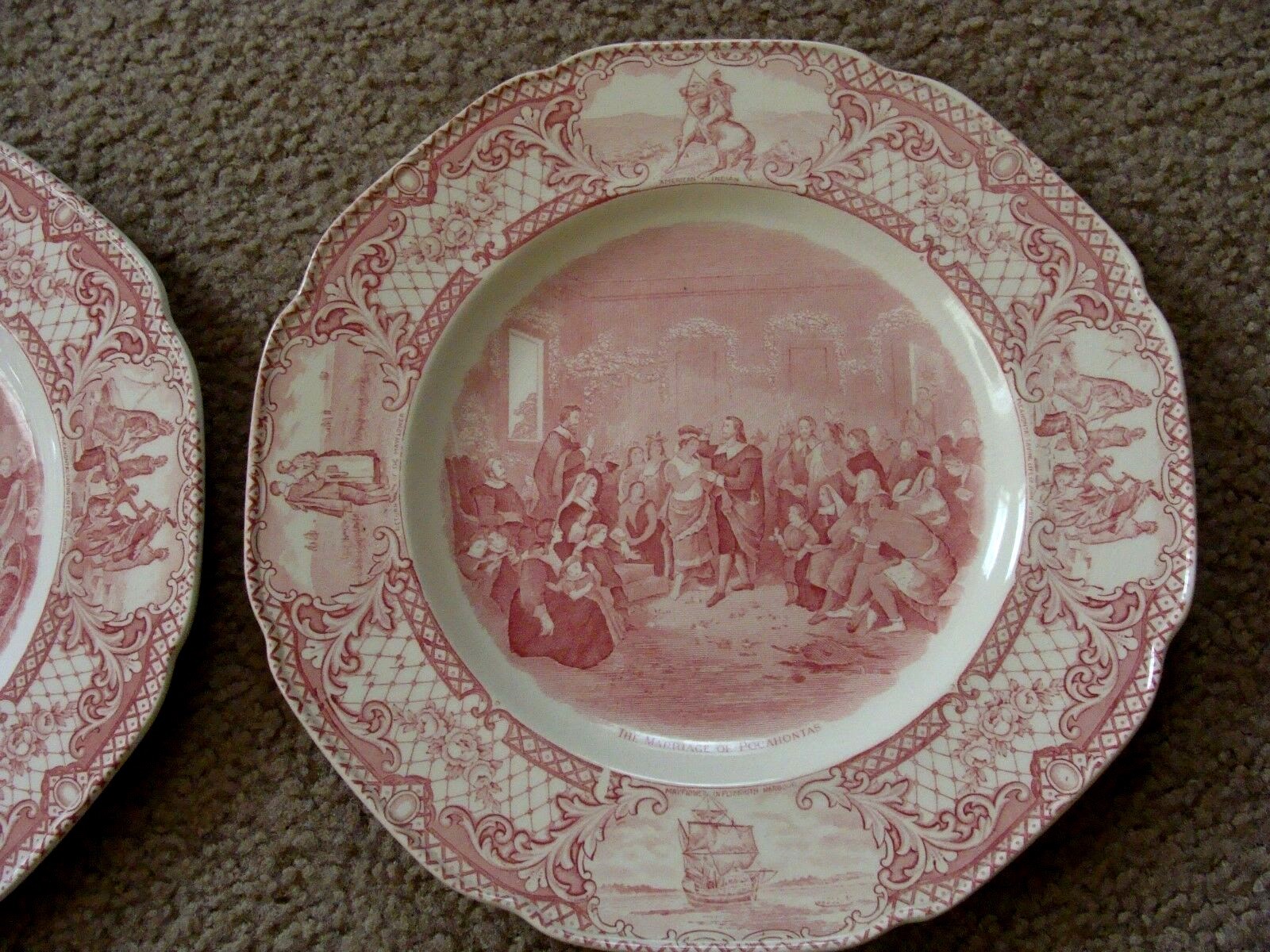 Two Vintage Crown Ducal Colonial Times Pink Plates - Pocohontas & Mayflower 10.5