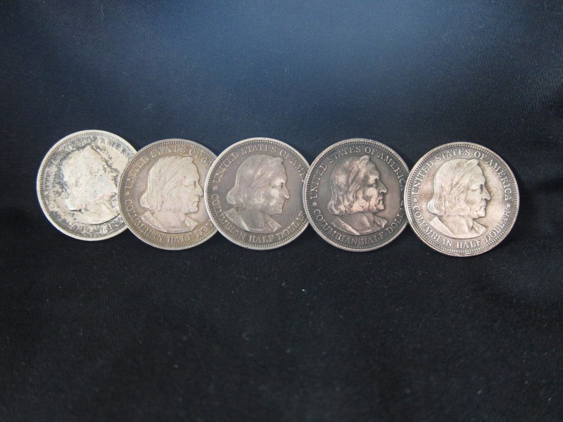 5 Coin Lot Of 1892-1893 Columbian Exposition Commemorative Silver Half