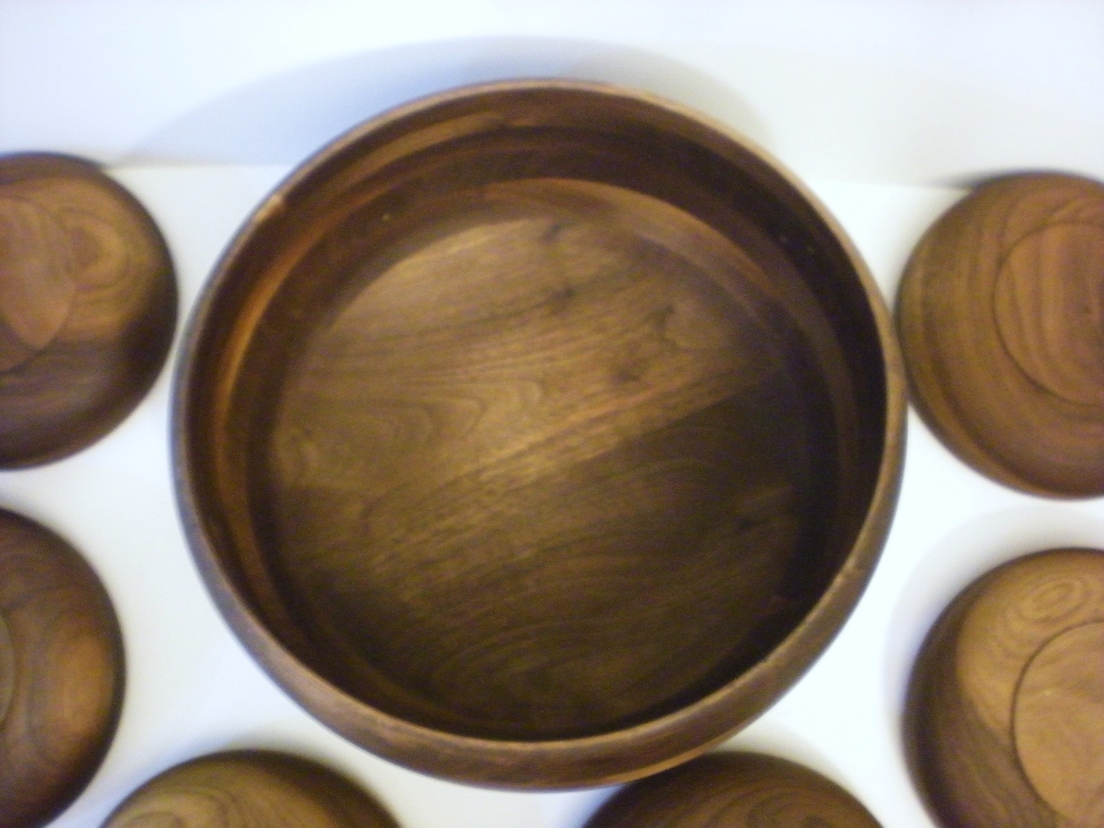 Wood Salad Bowl Set 7 Pc Vintage Warm Patina MCM Walnut?