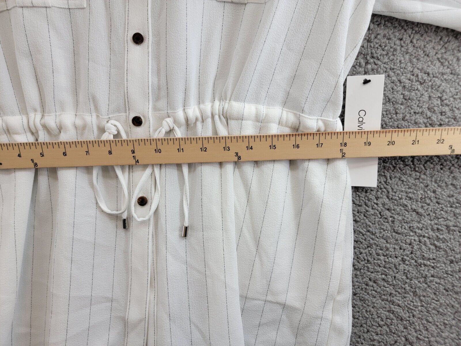Calvin Klein Striped Drawstring-Waist Tunic Blouse Women's S Soft White Collared - Picture 7 of 17