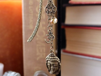Yoga Zen Bookmark Golden Buddha Head, Eternity Knot, Namaste and Swarovski Bead