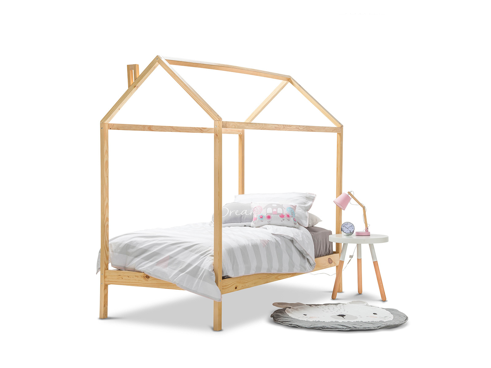 Scandinavian Wood Timber Single Size House Shaped Bed Frame for Kids