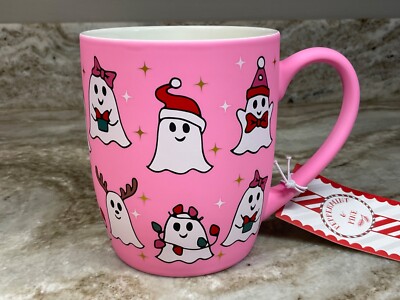 Large Coffee Mug Christmas Ghost. Santa Hats, Bows. Peppermint & Pine Pink. New.