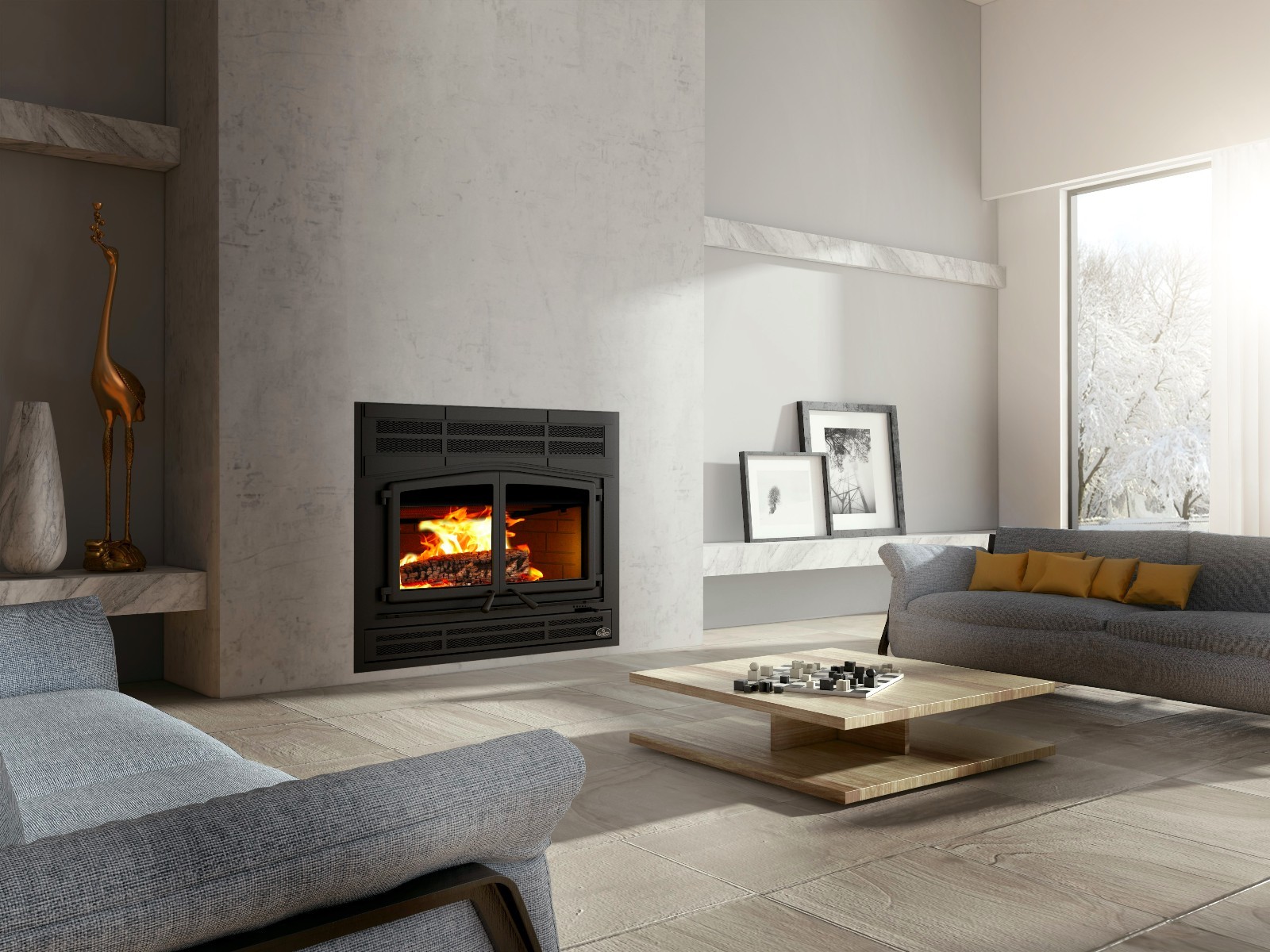 Osburn Horizon Wood Fireplace Package w Faceplate & Brick Panels Large View Area