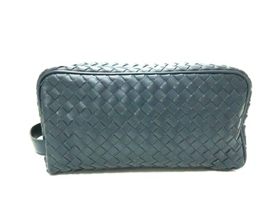 Auth BOTTEGA VENETA Intrecciato Navy Leather Handb