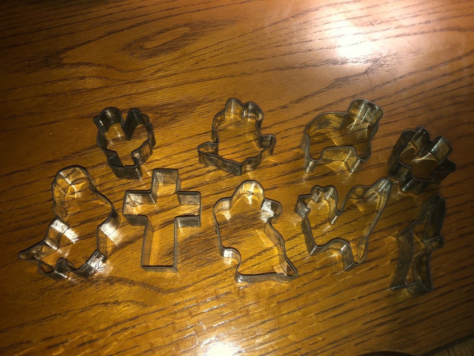Lot of 9 Vintage Tin Cookie Cutters Primitive Chocolate Butter Sugar Cross Ghost