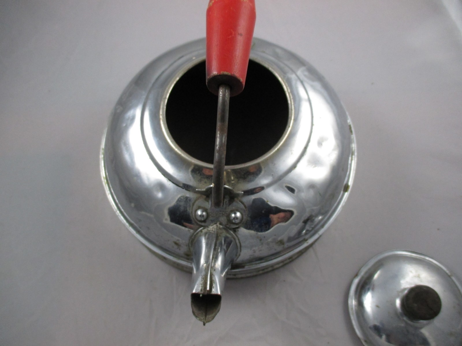 Antique Vintage Revere Tin Tea Pot, Wire & Wood Handle, 7 1/2