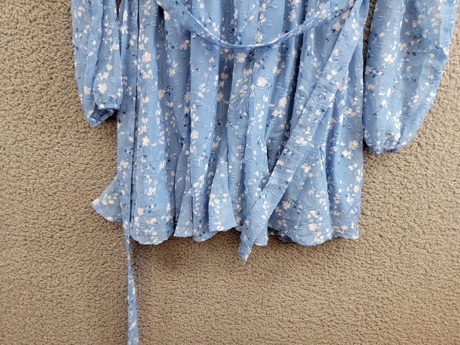 Trixxi Long-Sleeve Tied-Waist Dress Juniors' M Blue/Ivory Tie Waist Back Button - Picture 12 of 17