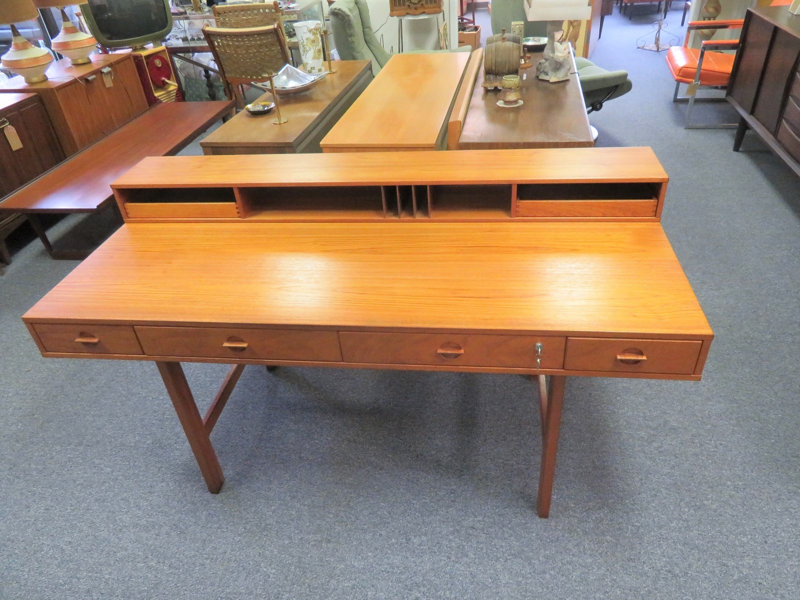 Mid-century Danish Modern Signed Peter Lovig Nielsen Flip Top Teak Partners Desk