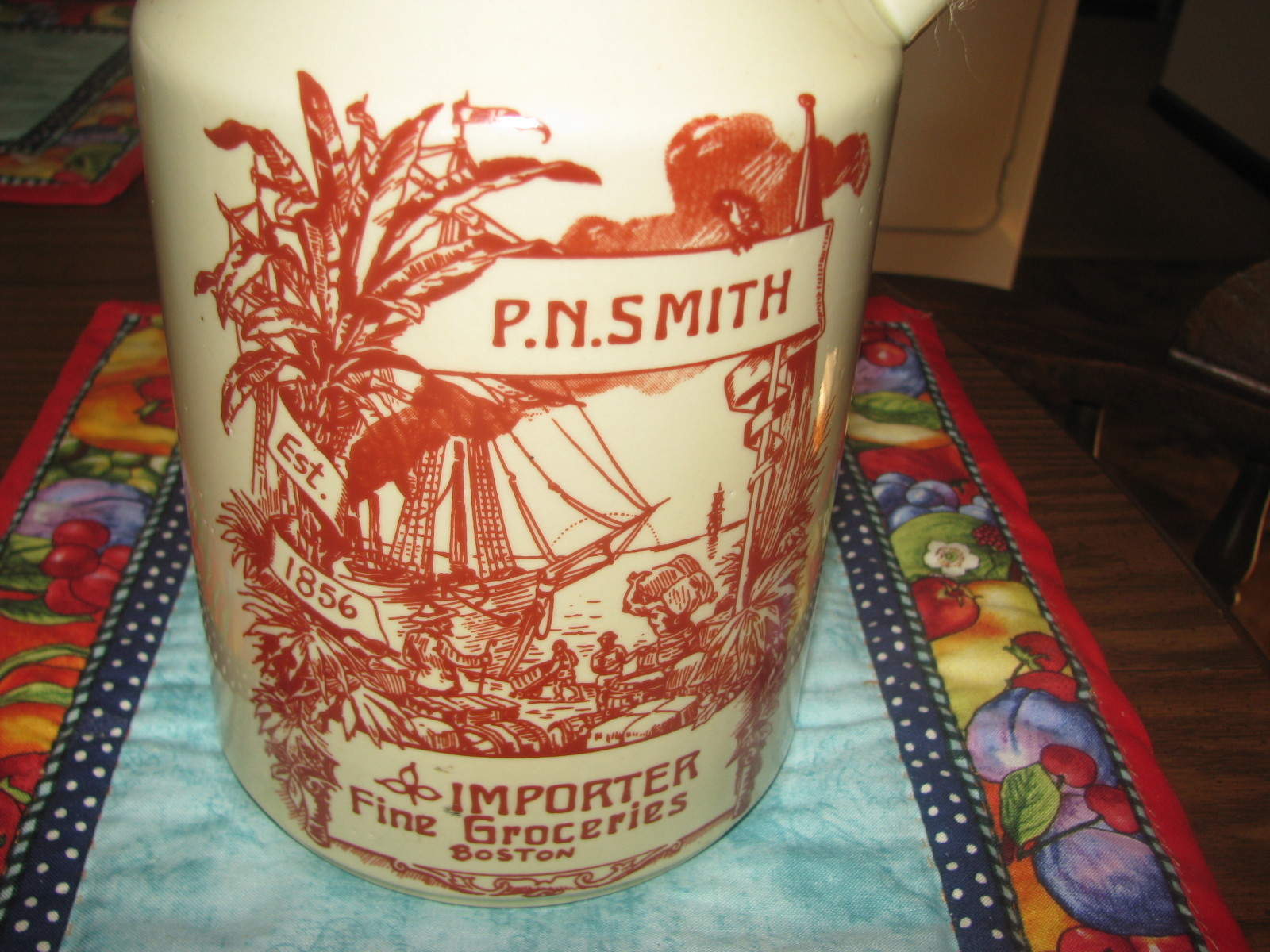 Antique vintage advertising by P.N. Smith pottery stoneware pitcher