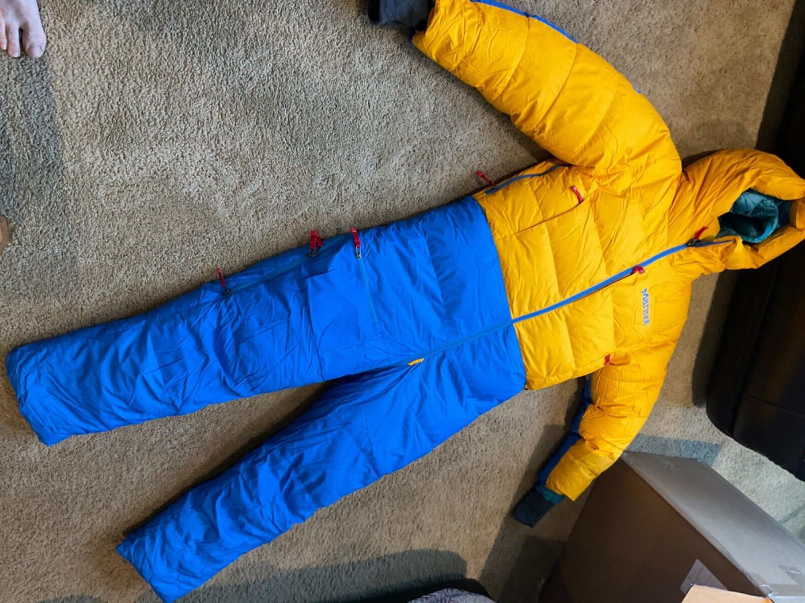 Pre-owned Marmot Mountaineering Warmcube 8000m Goose Down 8000 Meter Suit Extra Large In Yellow/blue