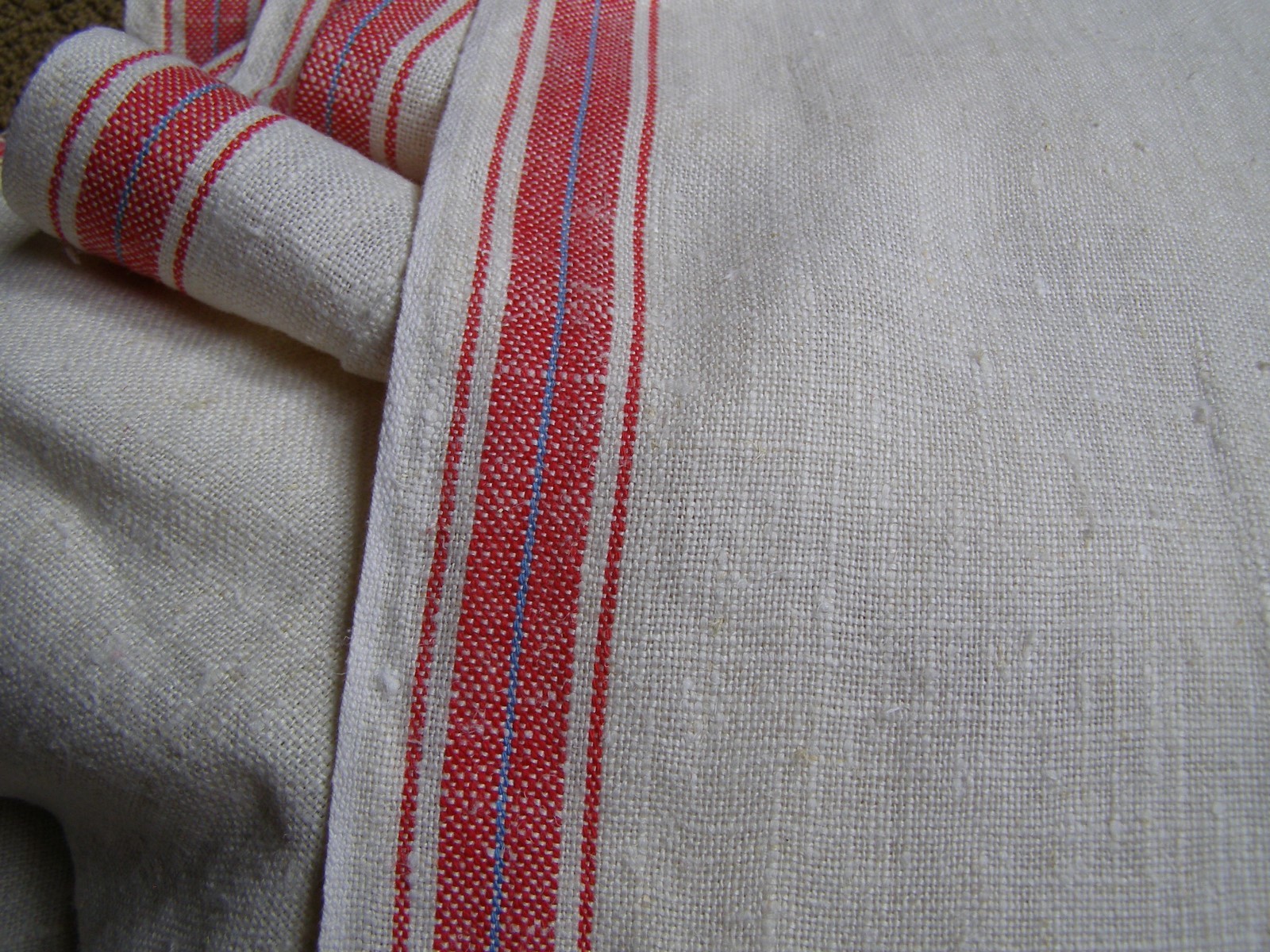 Vintage Flax Linen Kitchen Toweling  9 Yards Uncut White w/ Red and Blue Strips