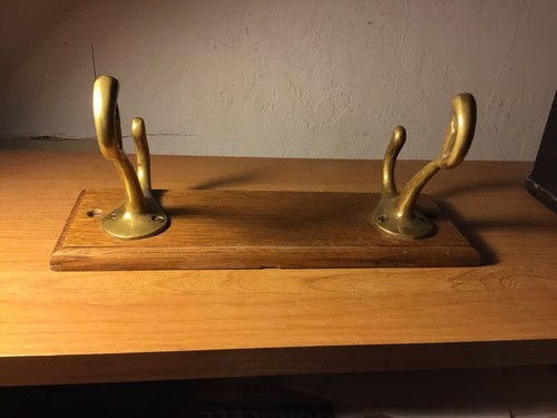 Vintage Pair Of Solid Brass Bird Head Coat Hooks On Oak Back Used