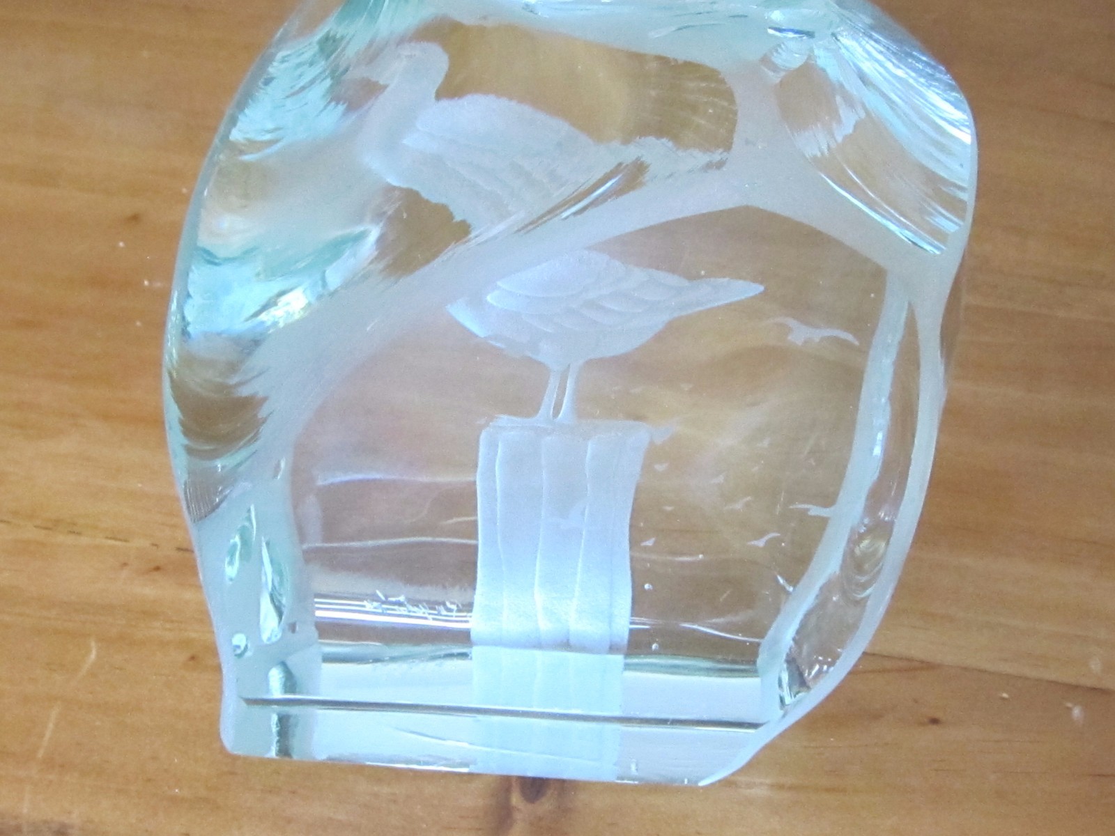 Clear Glass Etched Block seagull sculpture paperweight signed