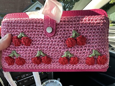 The Sak Iris Pink Cherries Smart Phone Crochet Crossbody Wristlet Wallet  NWT