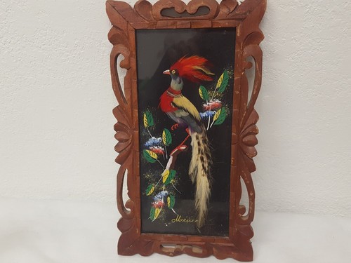 Vintage Mexico Feathercraft Hand Painted Bird Pictures Carved Frames Set Of 2