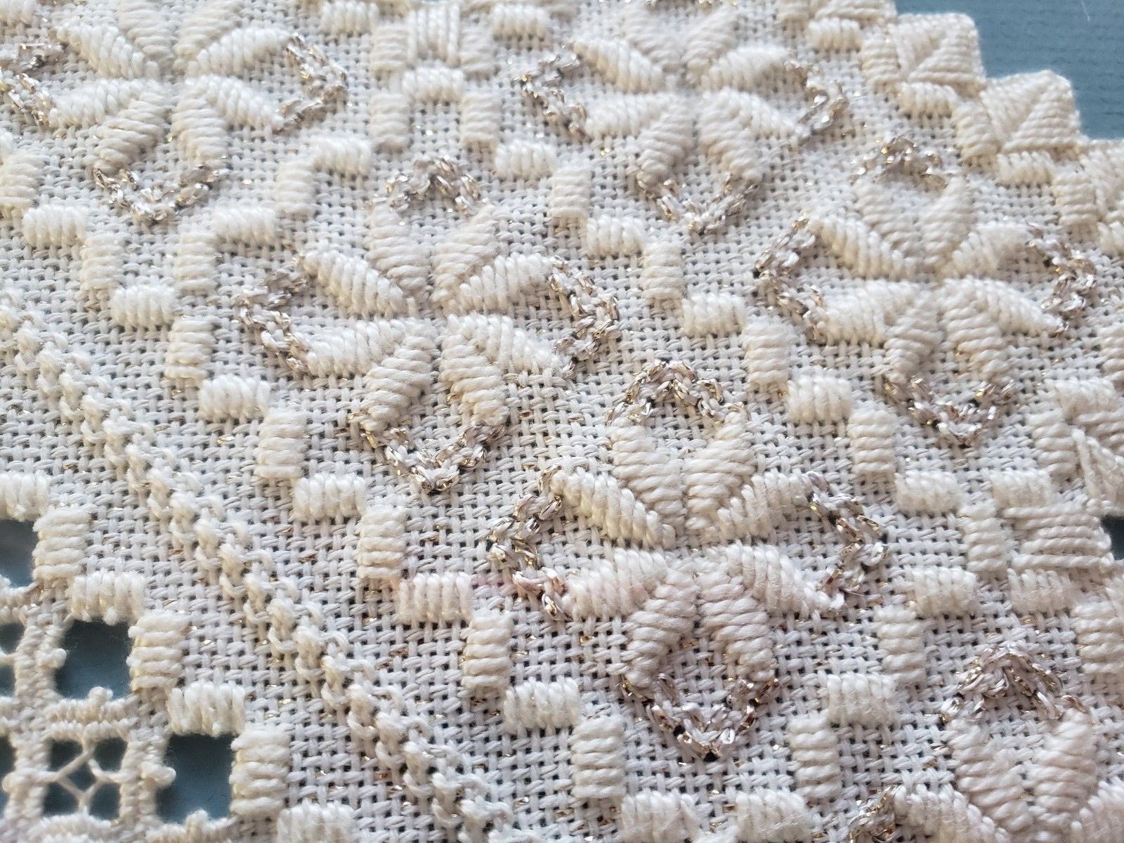 Hardanger Embroidery Runner with metallic thread FRAMED COMPLETED 16x12