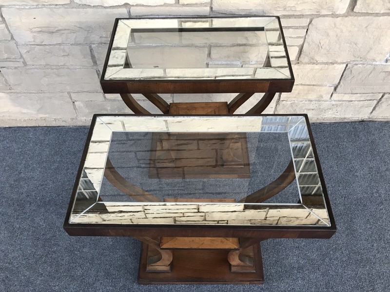 Pair of Art Deco Gilbert Rohde Style Walnut & Mirrored Etched Glass End Tables
