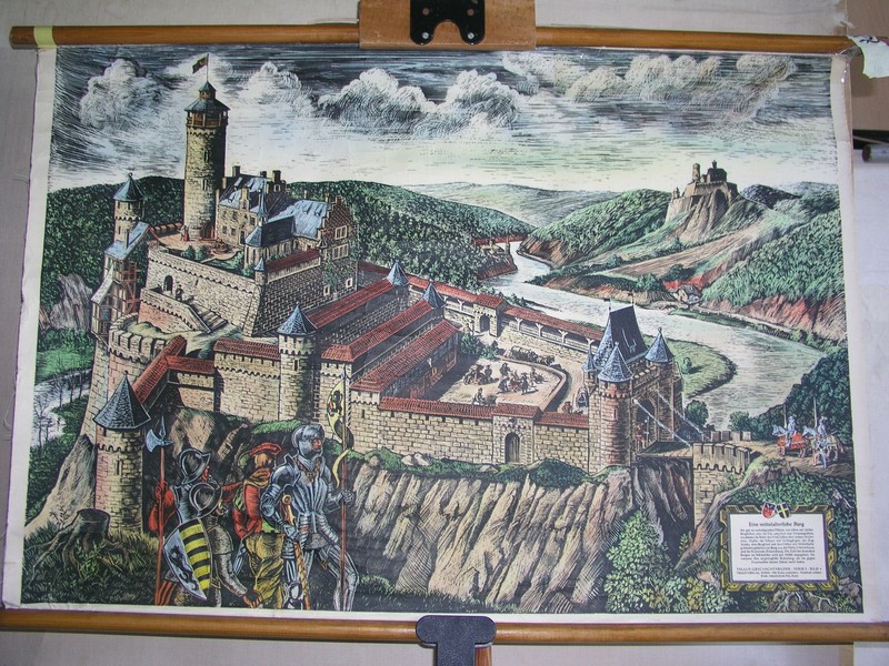 Mittelalter Burg Wohnsitze Der Ritter Verteidigung ~1951 Schul-Wandbild 84x58cm