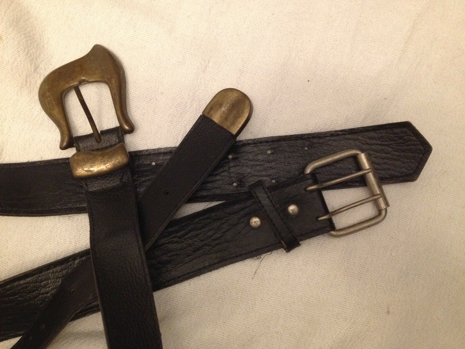 WOMEN'S VINTAGE BLACK LEATHER BELTS ANTIQUED BRASS & SILVER