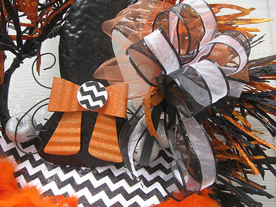 Halloween Wreath Black Orange Witch's Hat Shoes Boots Feathers Pumpkins 30