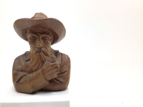 Vintage Wood carved Bust Of Man Smoking Pipe 5.75" Tall Switzerland Collectibles