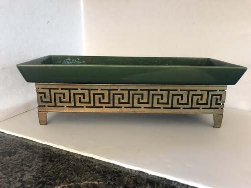Vintage Greek key PLANTER INC Chicago Metal Meander Motif Emerald Green signed