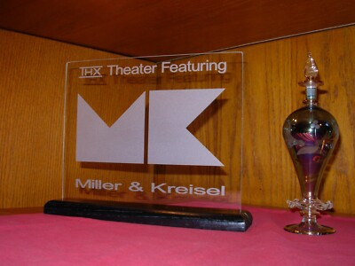 M&K MILLER & KREISEL HOME THEATER ETCHED GLASS SIGN W/BASE