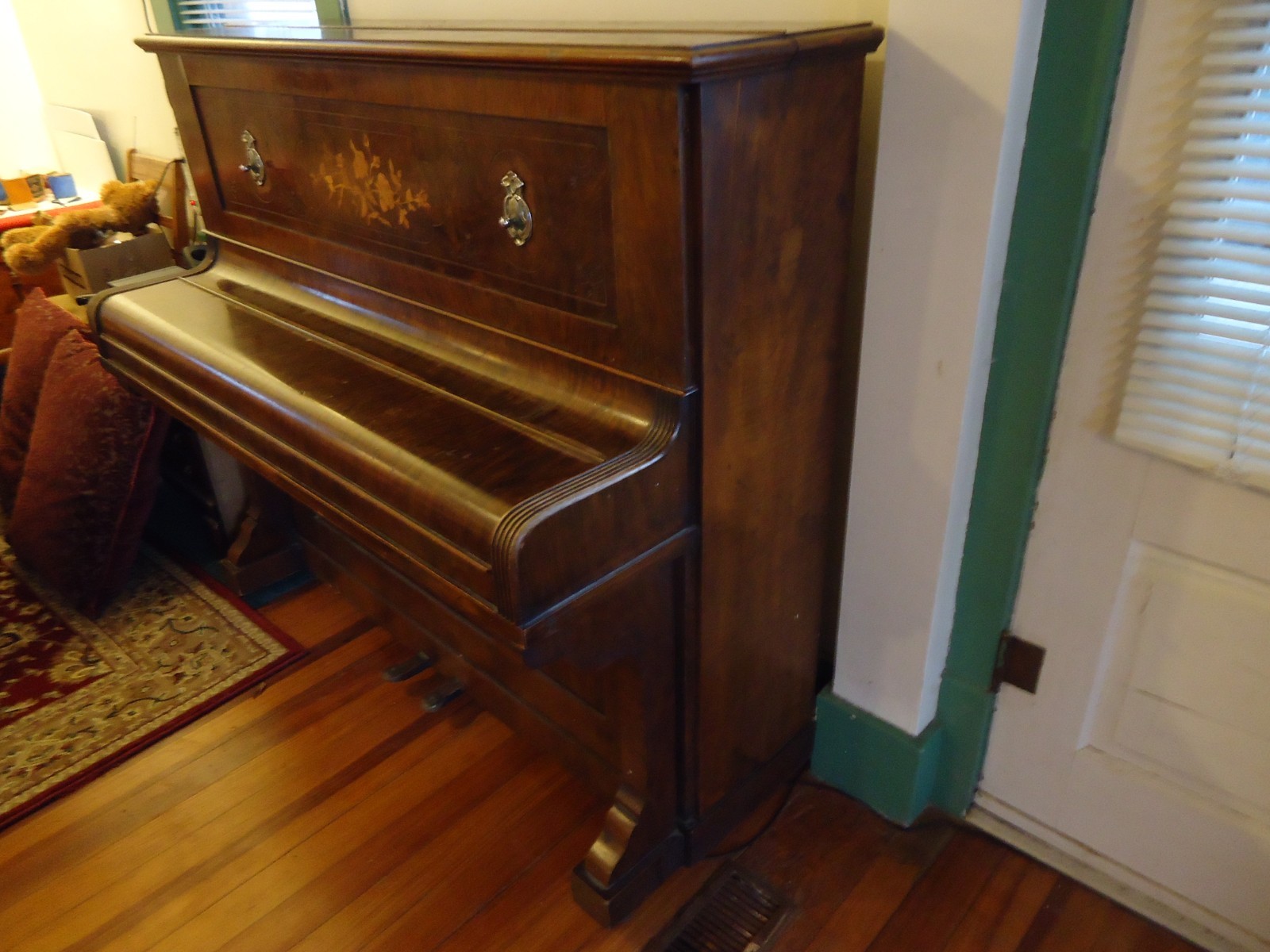 1850s VERY RARE ENGLISH ORNATE PIANO BEAUTIFUL INLAID WOOD ROSES BANSAIL & SONS